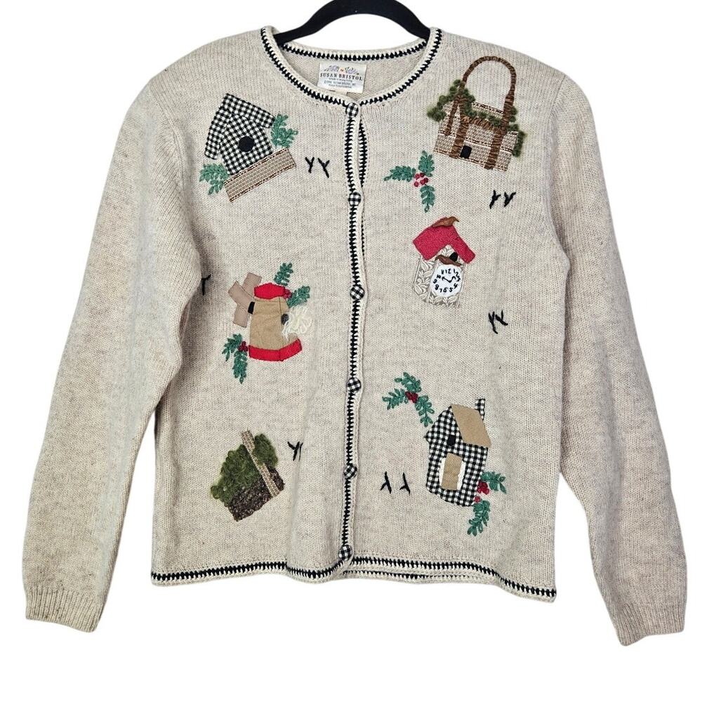 Vintage 90s Susan Bristol S Grandma Bird Sweater Cottage Wool Oatmeal Cardigan